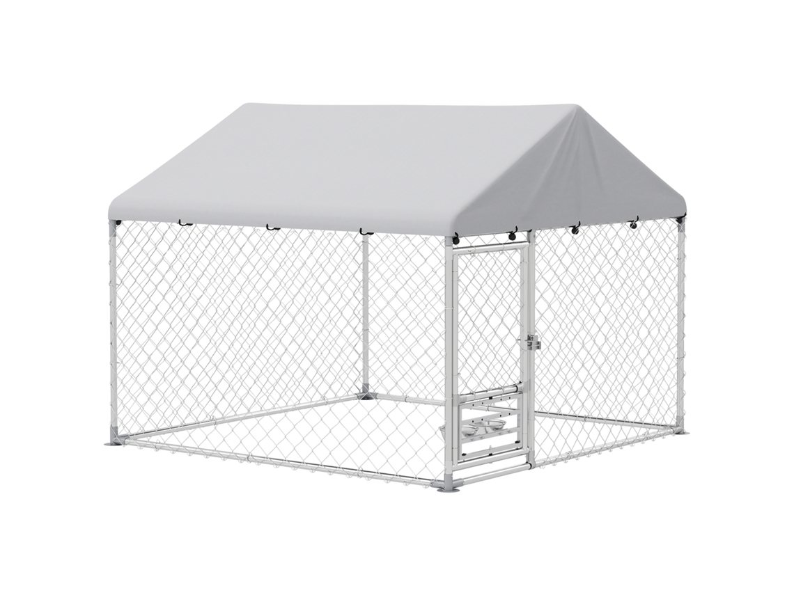 Canil De Aço Galvanizado Com Toldo Resistente E Comedouro Para Cães, 200x200x154 Cm, Cor Prata.