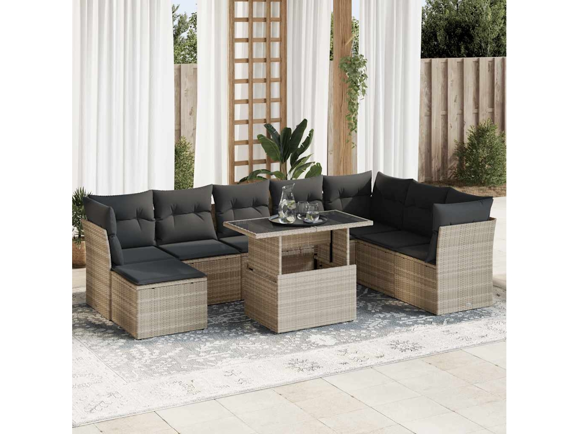 Vidaxl 9 Pcs Conj. Sofás Jardim Com Almofadões Vime Pe Cinzento-claro