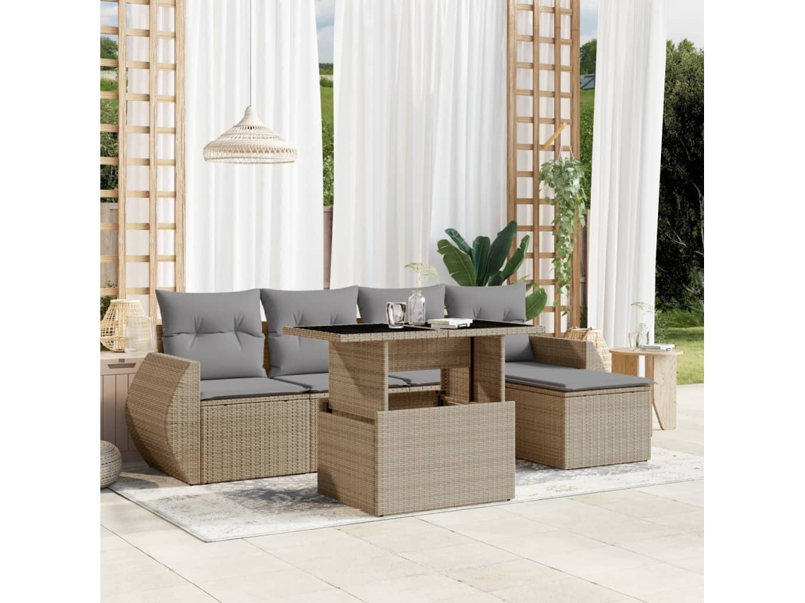 Vidaxl 6 Pcs Conjunto De Sofás P/ Jardim Com Almofadões Vime Pe Bege