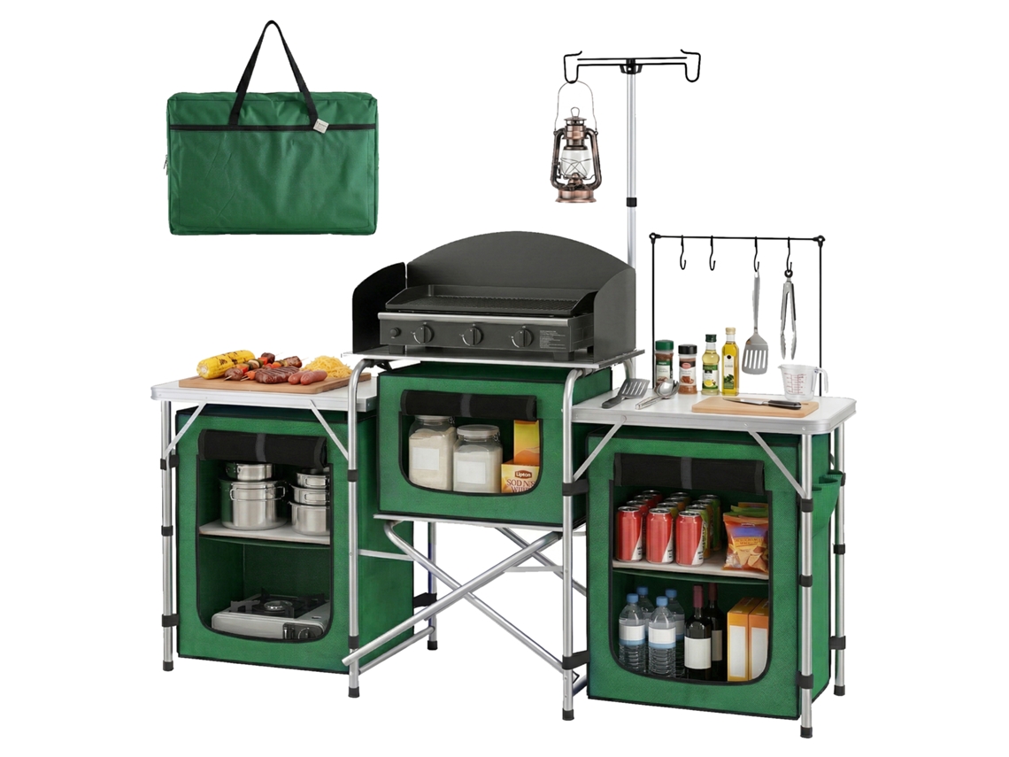 Móvel De Cozinha Para Campismo Dobrável Com 3 Mesas 4 Ganchos Poste De Luz E Bolsa De Transporte 172x48x119 Cm Verde