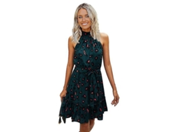 Vestido Halter Feminino Estampado Floral Com Cinto Elástico, Decote Alto E Costas Abertas, Ideal Para Verão E Praia Verde Escuro
