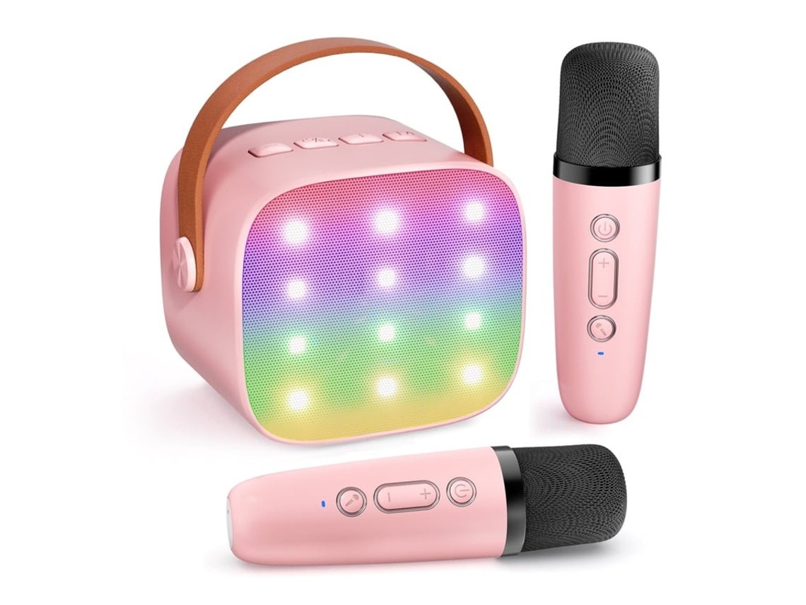 Mini máquina de karaokê portátil Yizhood com microfones duplos e alto-falante Bluetooth para festa de aniversário infantil, rosa