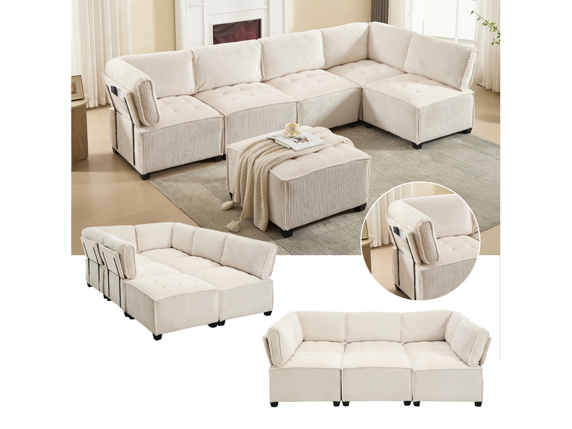 Sofá Modular 6 Lugares Em Veludo Cotelê Com Configuração U/l, Bege