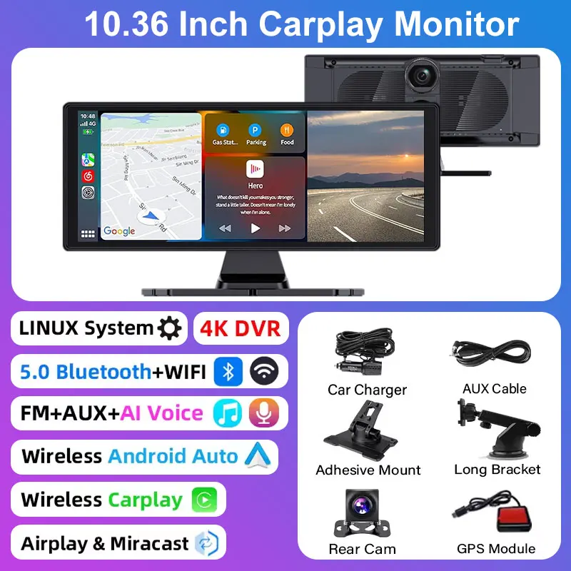 (ahd-gps) Câmera Veicular Inteligente, Câmera De Ré 4k Sem Fio De 10,33 Polegadas Com Carplay