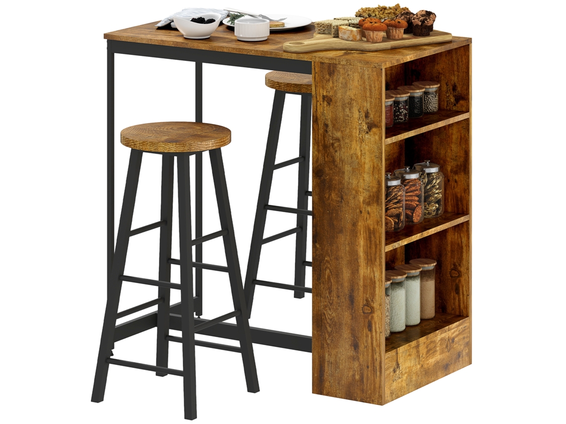 Conjunto de Bar com 3 Níveis, 2 Banquetas Altas e Apoio para os Pés, Estilo Industrial, Marrom, ETOWN COMMERCE GMBH