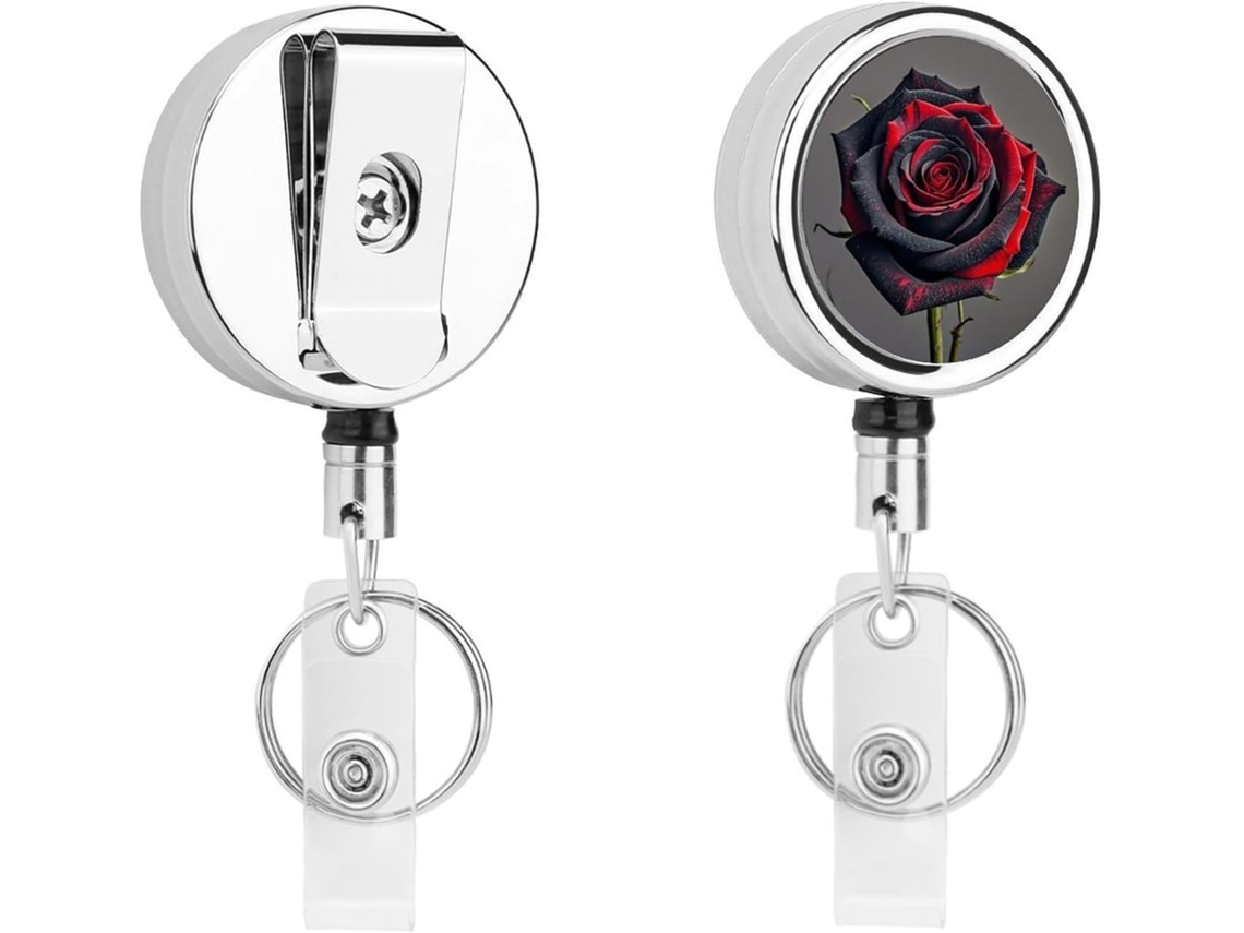 Porta Crachá Retrátil De Metal Com Rosas Vermelhas E Pretas, Porta Crachá Portátil De Nylon, Cordão De Aço Inoxidável