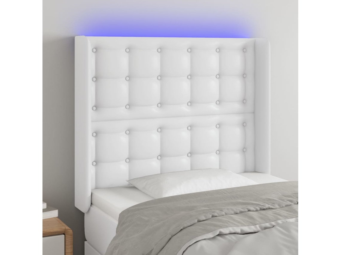 Cabeceira Cama C/ Led Couro Artificial 93x16x118/128 Cm Branco