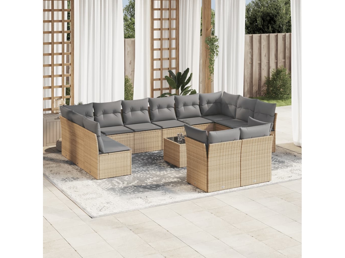 Vidaxl 13 Pcs Conjunto De Sofás P/ Jardim Com Almofadões Vime Pe Bege