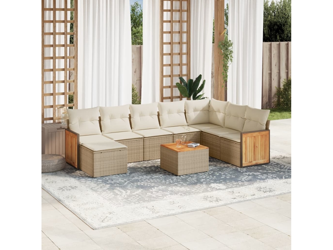 Vidaxl 9 Pcs Conjunto De Sofás P/ Jardim Com Almofadões Vime Pe Bege