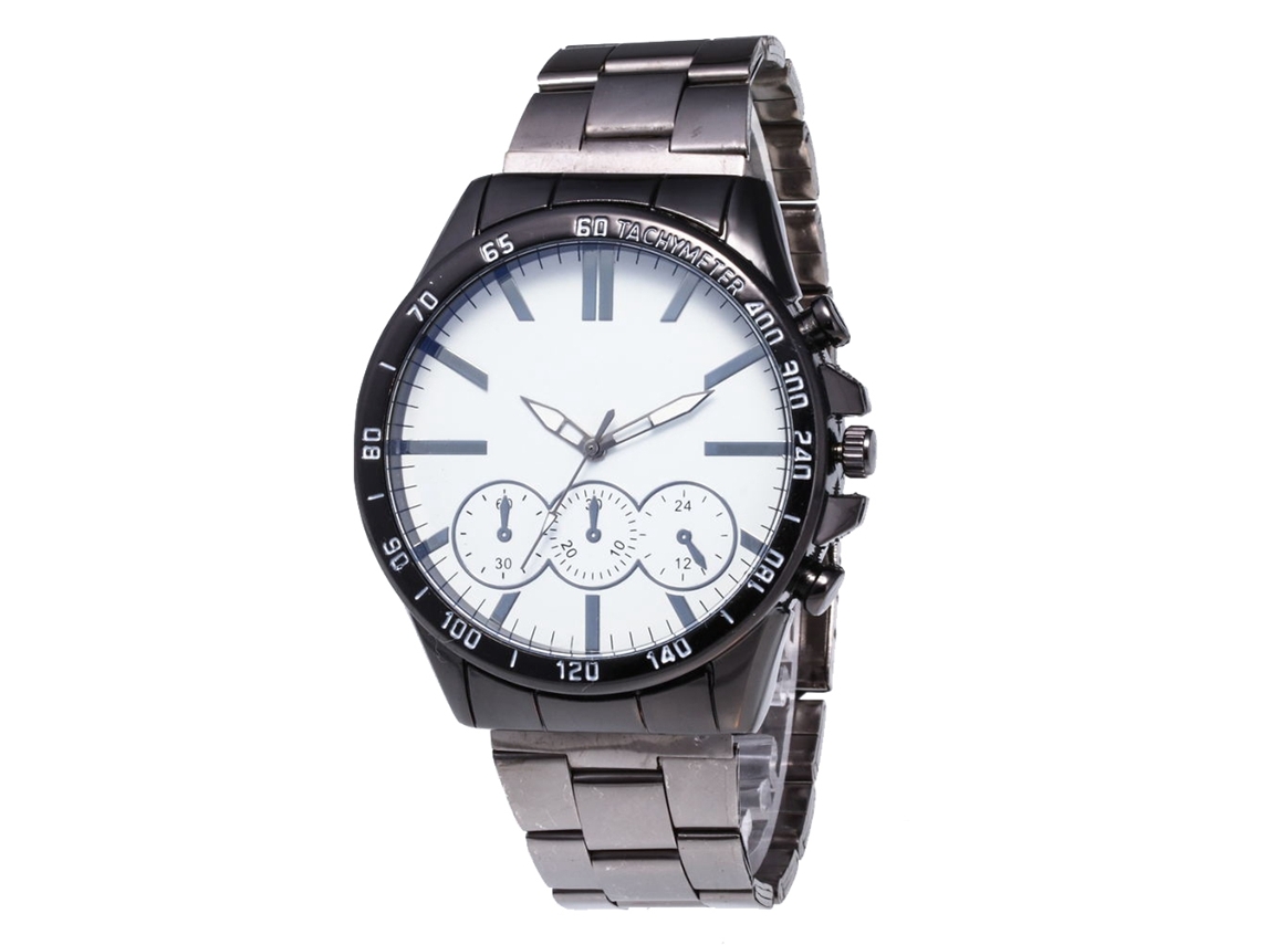 Relógio de quartzo com pulseira de aço, modelo redondo moderno para casais, preto e branco.