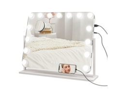 Espelho De Maquiagem Com 14 Luzes Led Ajustáveis E Carregamento Usb, Vidro E Metal, 62,5 X 14 X 49,5 Cm, Branco
