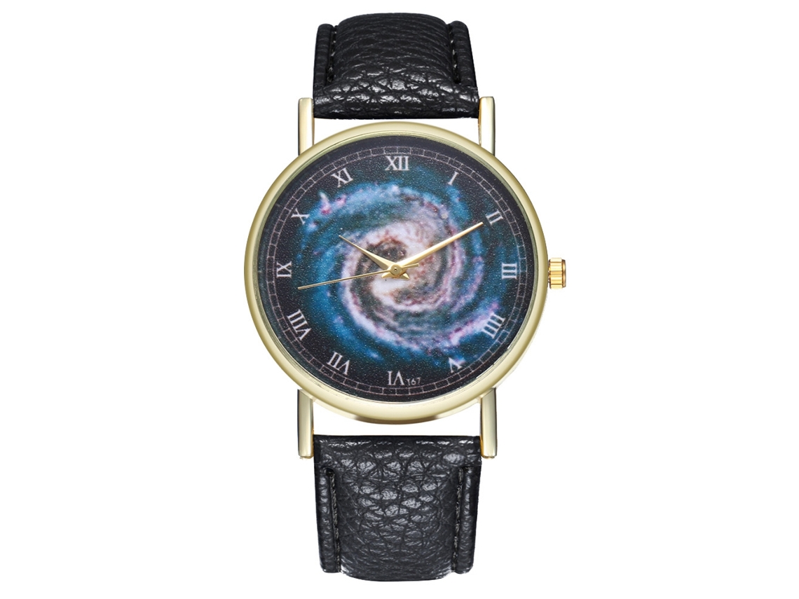 Relógio de quartzo unissex com pulseira de couro PU, mostrador universal e numerais romanos (preto)