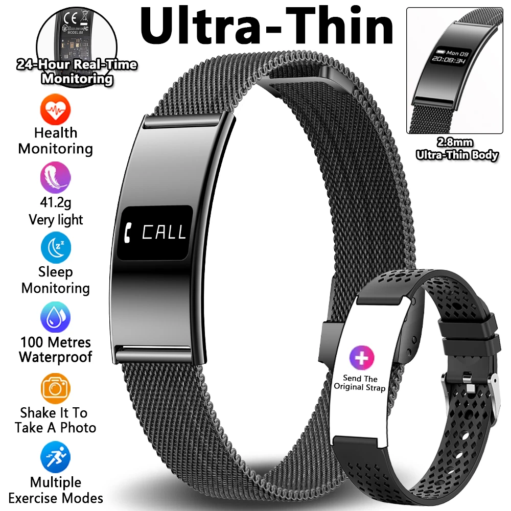 (cinto De Malha Preta) Pulseira Inteligente Com Monitoramento De Frequência Cardíaca E Sono, Lembretes De Chamadas E Função De Exercício.