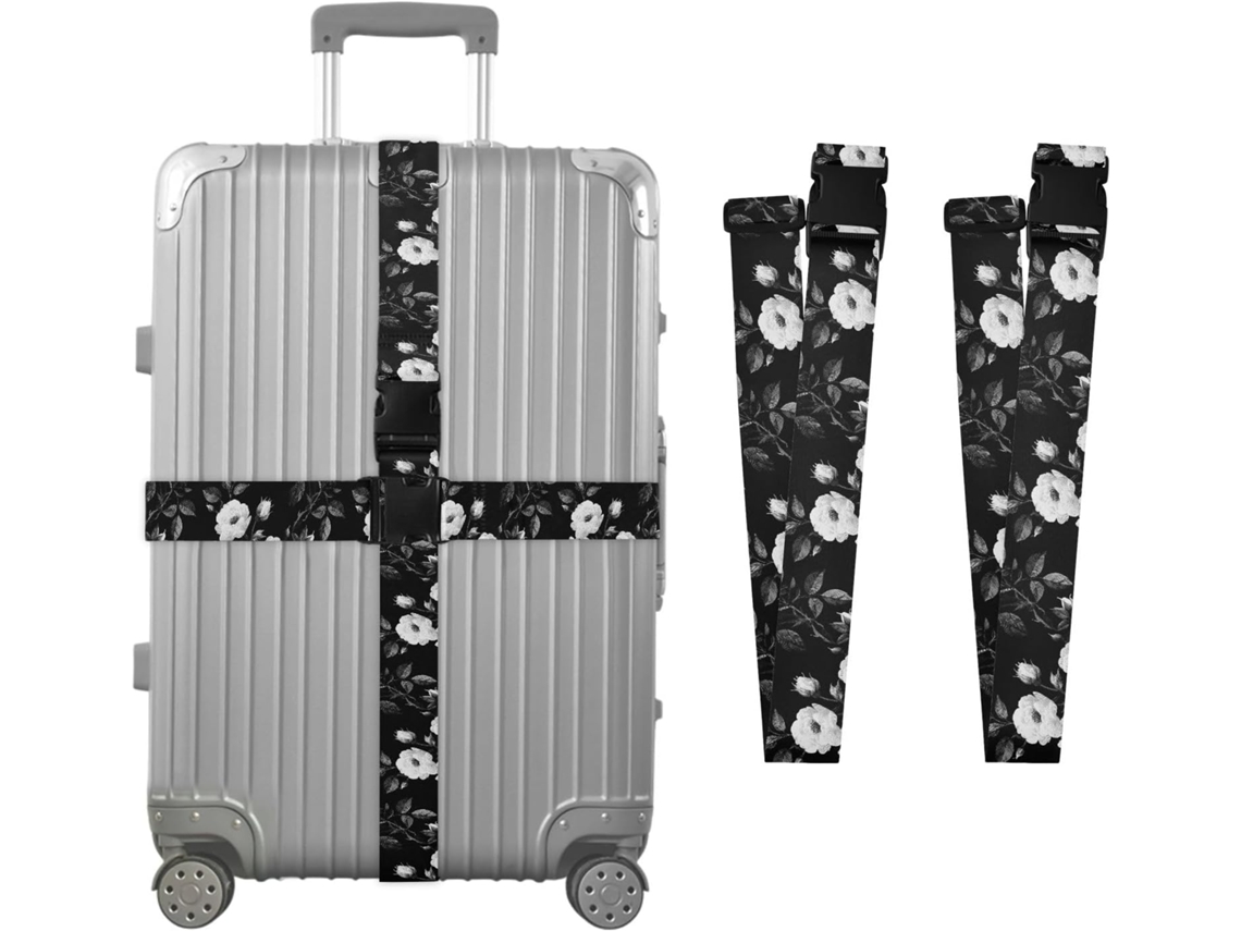 Conjunto De 2 Cintas Bagagem Personalizadas Com Fivelas, Modelo Camélia, Nas Cores Preto E Branco