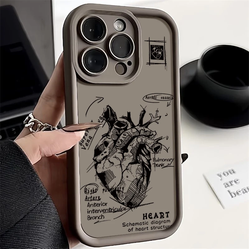 (café) Capa Para Iphone 15 Com Estampa Criativa De Coração E Modelo Cardiovascular.