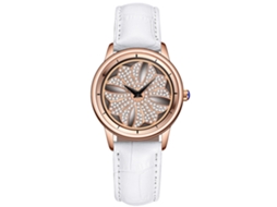 Relógio de Pulso Feminino de Quartzo com Strass e Flor Resistente À Água 30m Branco