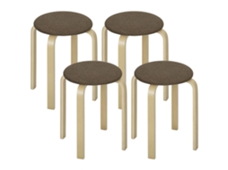 Conjunto 4 Bancos Empilháveis Redondos Assento Acolchoado Ø40x45cm Marrom Madeira