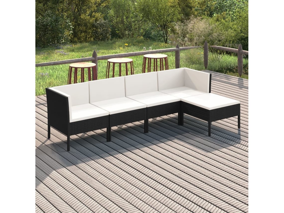 Conjunto 5 Peças Lounge De Jardim C/ Almofadões Vime Pe Preto Dkd Home Decor