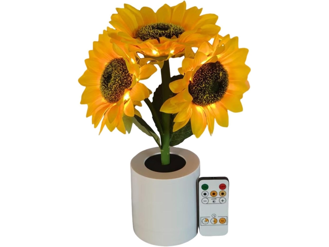 Luminária LED em formato de flor, com intensidade regulável e recarregável.