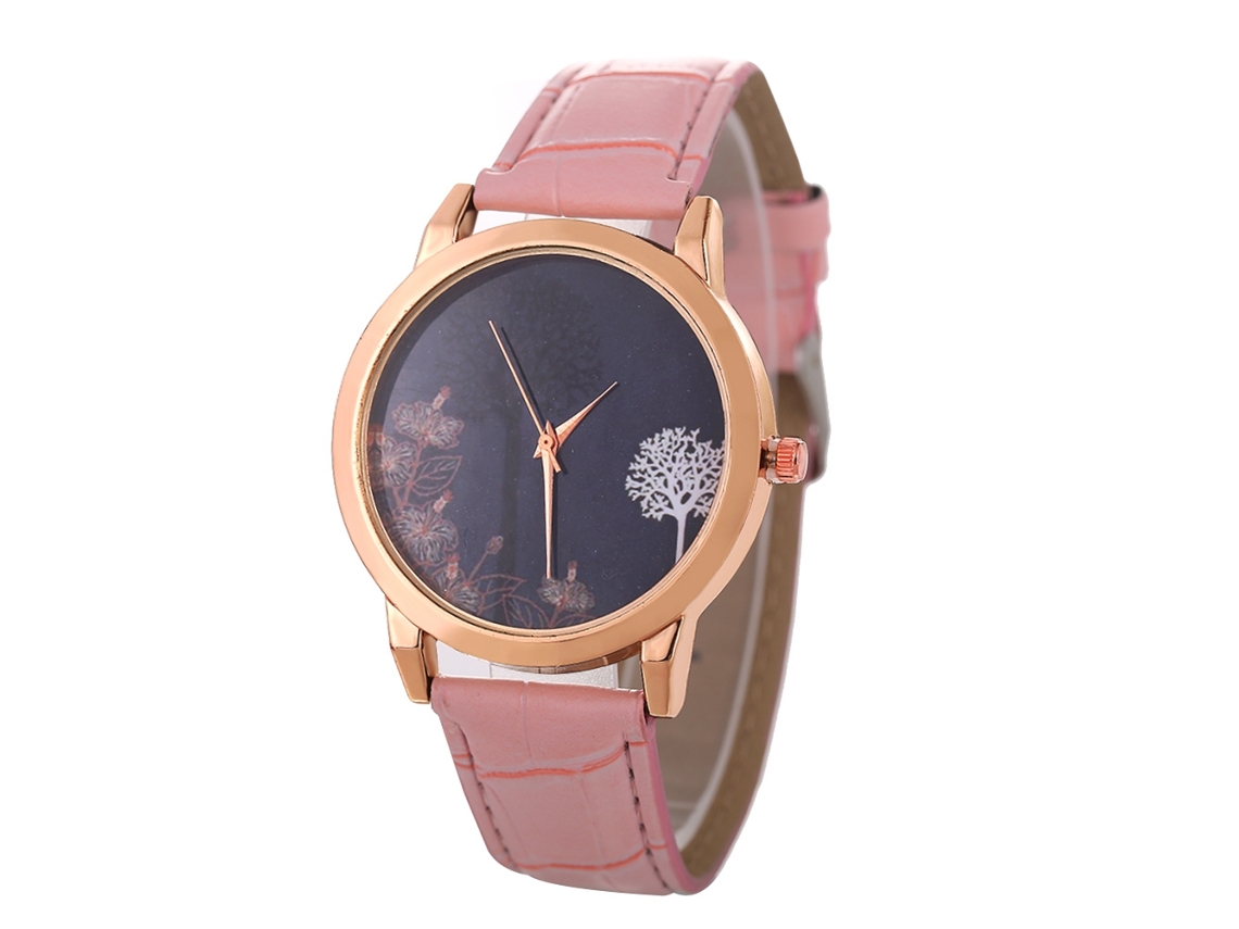 Relógio de quartzo moderno com mostrador redondo e pulseira de couro PU para casais (rosa)