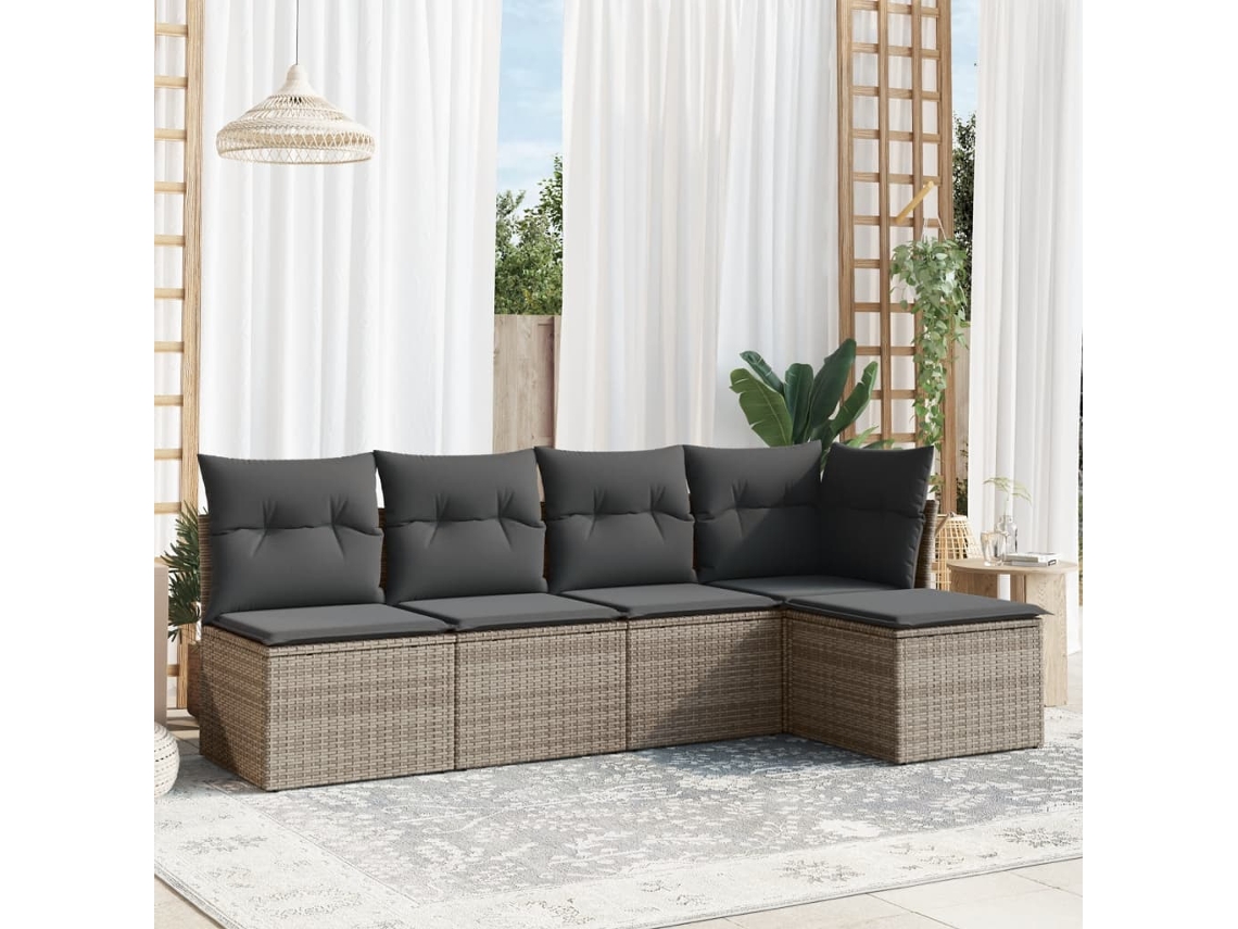 Vidaxl 5 Pcs Conjunto Sofás De Jardim C/ Almofadões Vime Pe Cinzento