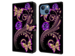 Capa Flores Borboletas Roxas Para Iphone 15 Pele Sintética