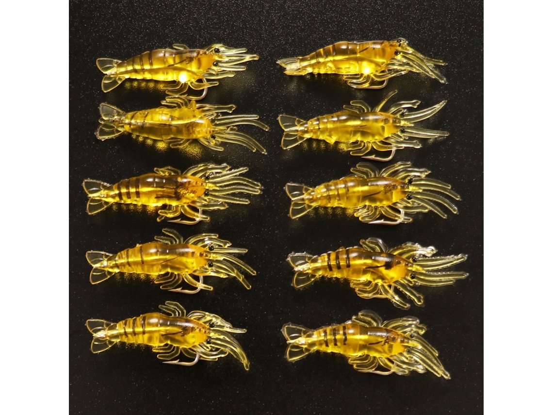 Conjunto de 10 Iscas Macias, Camarão, Anzóis MDUG (amarelo)