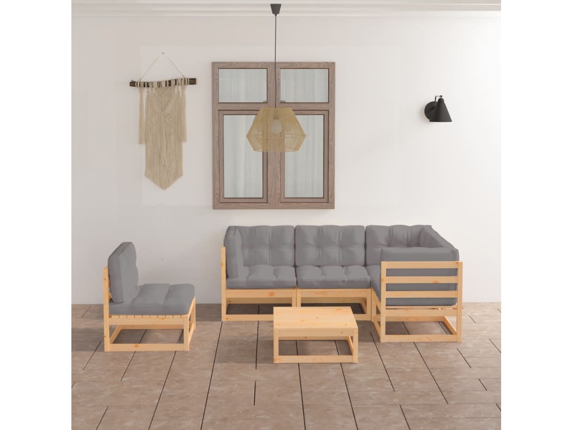 Vidaxl 6 Pcs Conjunto Lounge De Jardim Com Almofadões Pinho Maciço