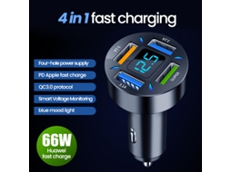 Carregador De Isqueiro Usb Pd De 66 W Com 4 Portas, Carregamento Rápido Qc3.0 E Duas Portas Usb-a De 2,4 A Com Led Azul