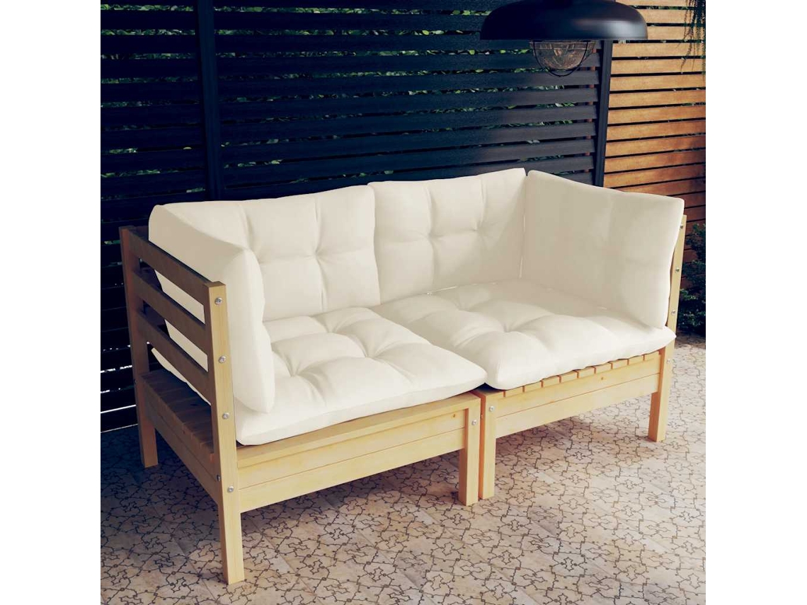 Vidaxl Sofá De Jardim 2 Lugares Com Almofadões Cor Creme Pinho Maciço
