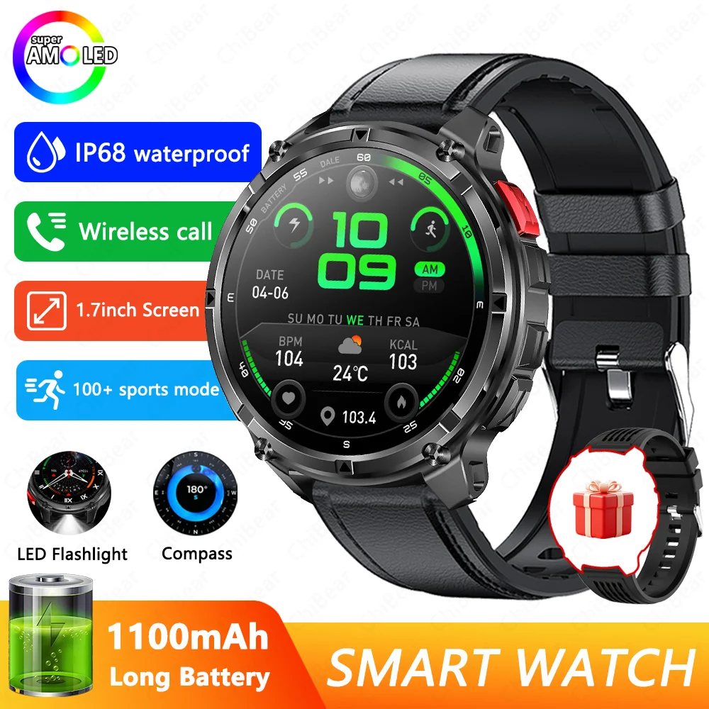 (pulseira De Couro Preta) Smartwatch Com Gps, À Prova D'água, Chamadas Bluetooth E Tela Grande De 1,7 Polegadas.