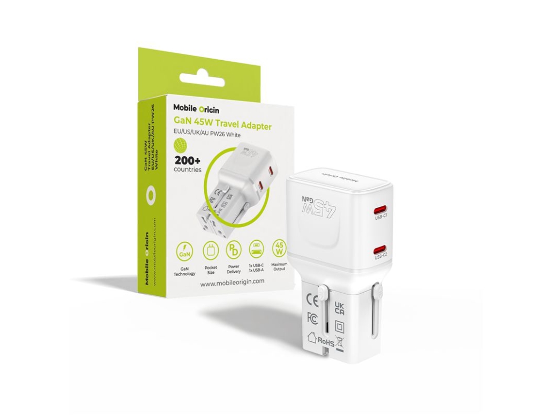 Adaptador de Tomada 45w para Laptop, Celular e Tablet, UE, EUA, Reino Unido, Austrália | MOBILE ORIGIN