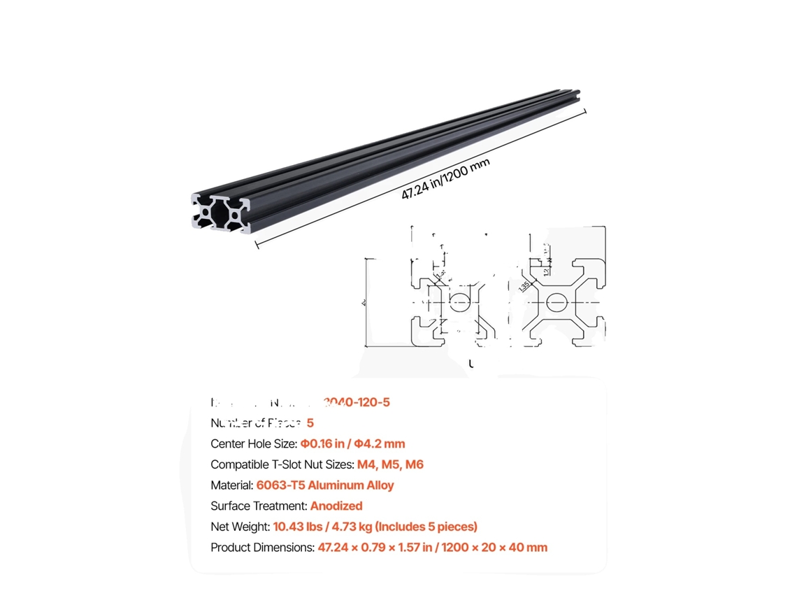 Trilho Linear, Compatibilidade Com Slot Em T, Engenharia De Precisão, 5 Pcs 1200mm