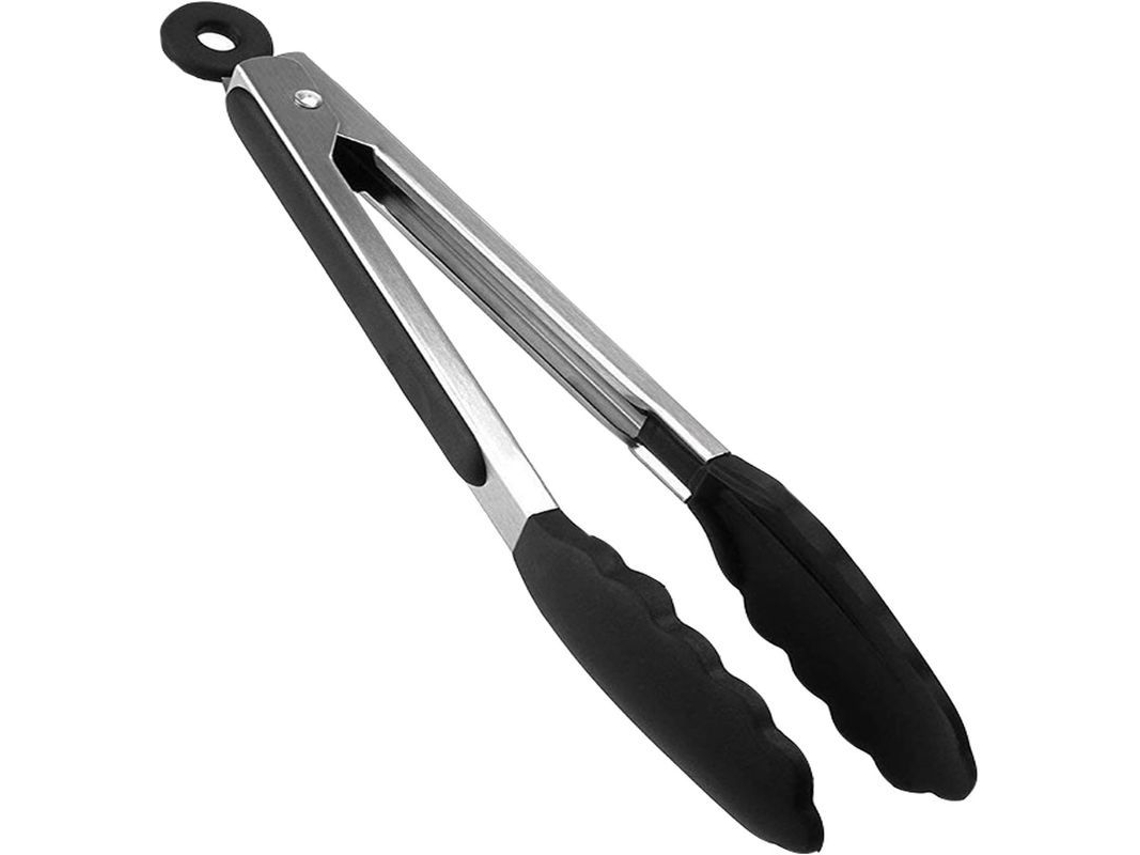 Pinça de cozinha Rebe em aço inoxidável e silicone para churrasco e culinária, 22 cm, preta.