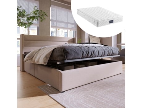 Cama Com Colchão Ripas Feito Arhatreya Linho Metal Bege (160x200cm)