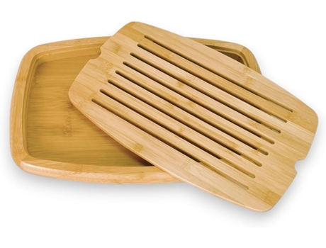 Tábua de Corte de Pão em Bambu, com Bandeja de Migalhas, Robusta e Resistente, 8 Canais Horizontais, Madeira, Bege, 39x26x3cm COSHANO