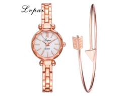Relógio de Pulso Feminino Casual Lvpai Conjunto com Pulseira Quartzo Ouro Rosa Branco