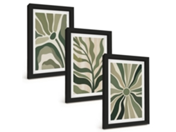 Composição De Quadros Padrões De Plantas Em Bege E Verde Espelharte (3 Peças 20x30 Cm)