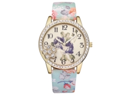 Relógio Feminino de Quartzo com Pulseira de Couro Pu Estampa Floral e Strass Verde