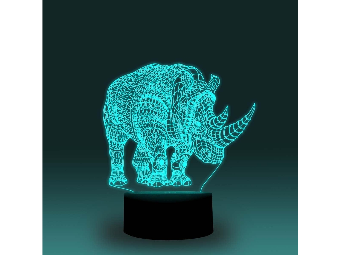Luminária noturna LED 3D em formato de rinoceronte para decoração de quarto infantil, com 7 núcleos de luz variáveis, alimentação USB e por bateria (base Preta)
