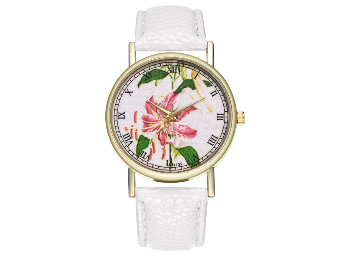 Relógio Analógico de Quartzo Unissex com Pulseira Pu Mostrador Floral Branco