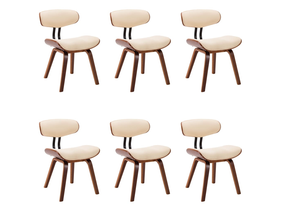Conjunto 6 Cadeiras jantar VIDAXL madeira curvada e couro artificial creme