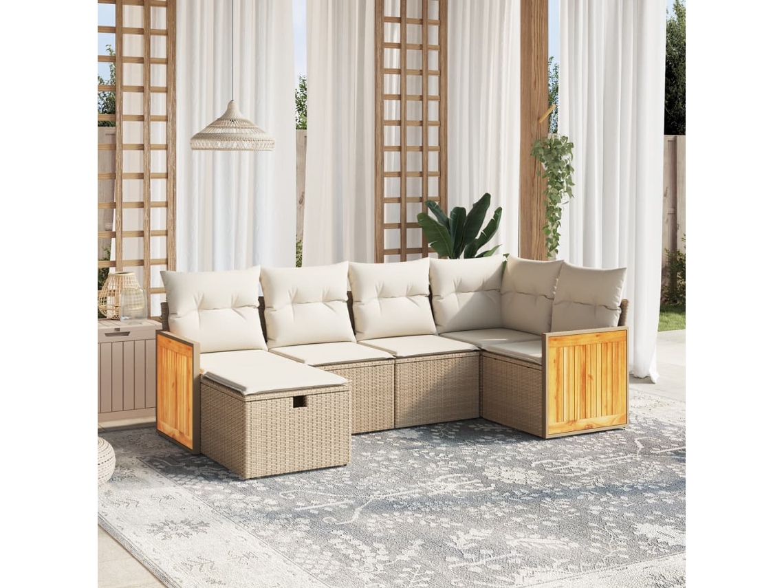 Vidaxl 6 Pcs Conjunto De Sofás P/ Jardim Com Almofadões Vime Pe Bege