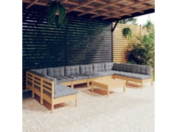 Vidaxl 11pcs Conjunto Lounge De Jardim + Almofadões Cinza Pinho Maciço