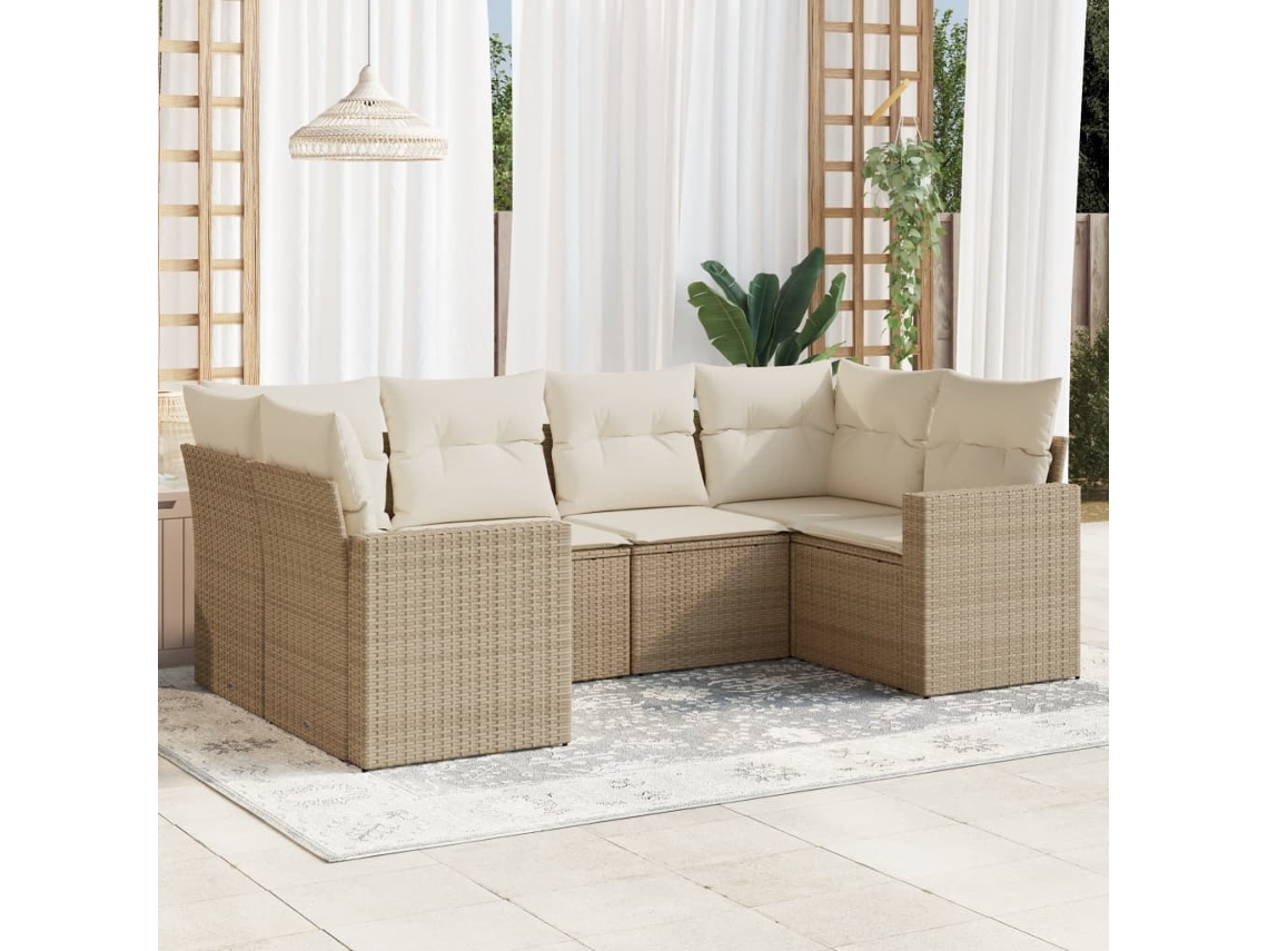 Vidaxl 6 Pcs Conjunto De Sofás P/ Jardim Com Almofadões Vime Pe Bege