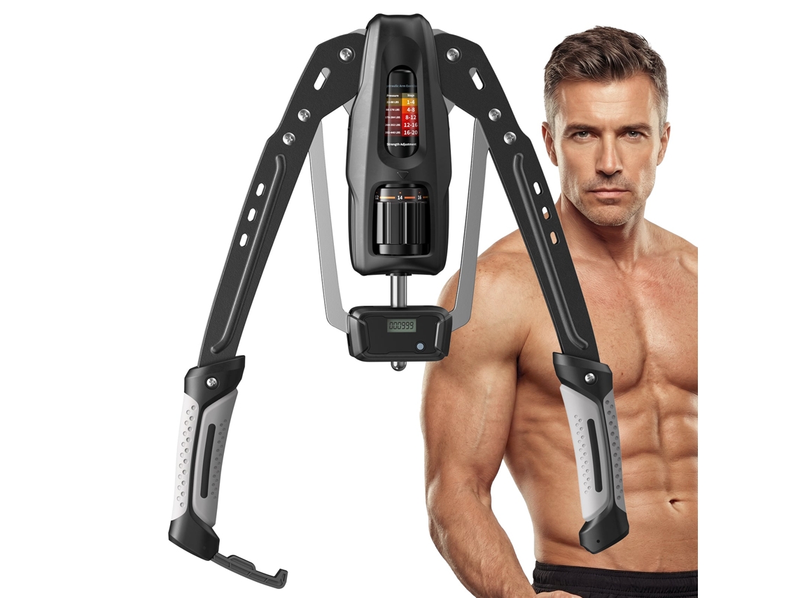 Power Twister Hidráulico Merach, 20 Níveis De Ajuste De Resistência 10–200kg, Com Contador Digital, Para Treino De Peito, Braços E Ombros, Cinza