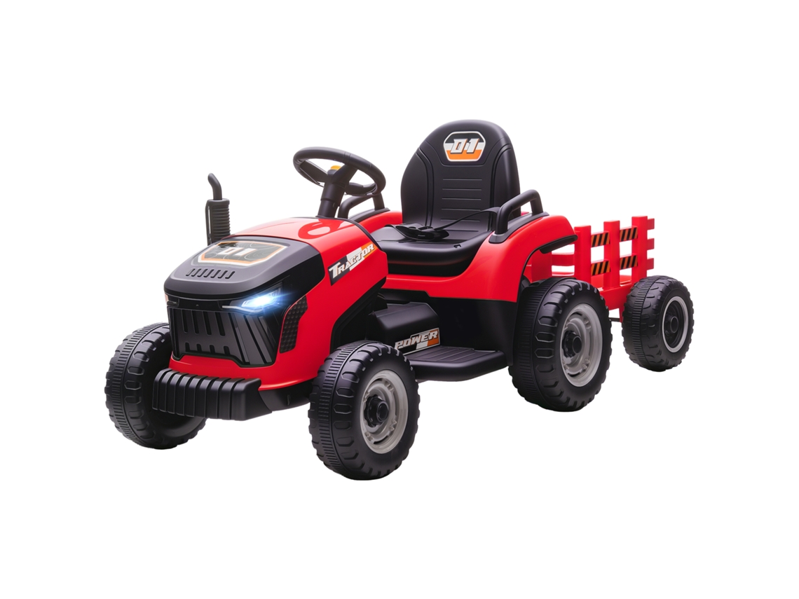 Trator Elétrico Infantil com Trailer Destacável, Carro Elétrico Infantil, Controle Remoto 2.4g, 139x58x55cm, Vermelho