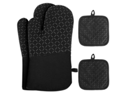 Conjunto 4 Peças: Luvas e Estejas Térmicas Até 500°c, Algodão Reciclado, Silicone Antiderrapante, Preto.