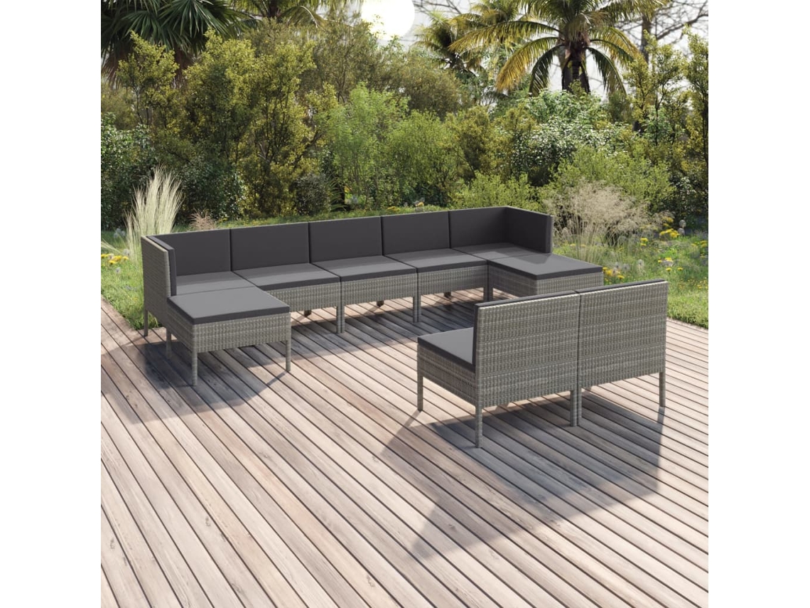 Vidaxl 9 Pcs Conjunto Lounge De Jardim C/ Almofadões Vime Pe Cinzento
