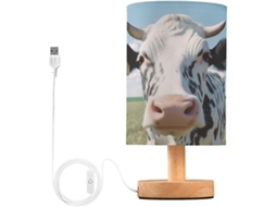 Luminária De Mesa Skyshu Em Formato Vaca Pequena Led Usb Com Base Madeira Antiderrapante E Cúpula Que Não Agride Os